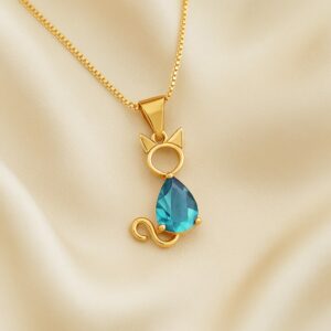 Colar gato de zircônia azul folheado a ouro