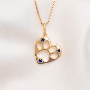 Colar coração com pata vazada e zircônias azuis folheado a ouro